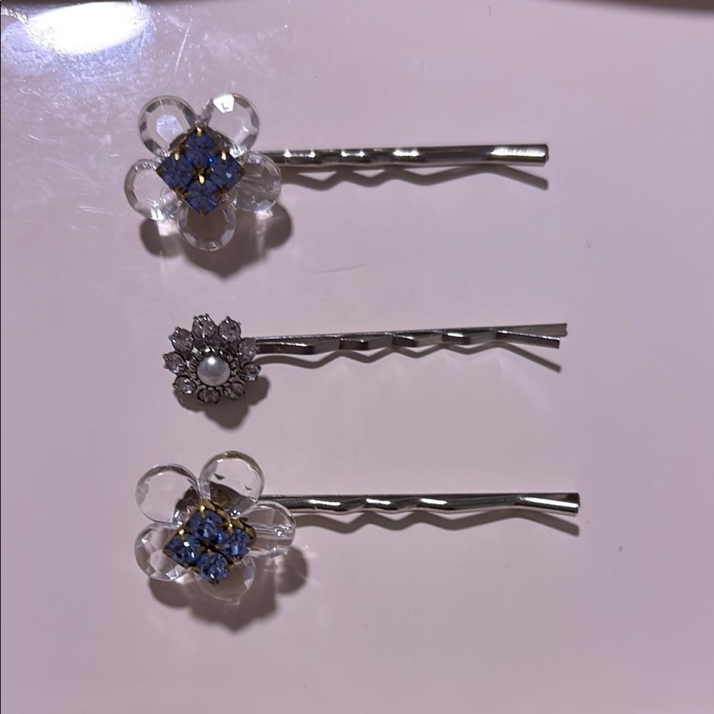 Elegant Silver, Blue & Clear Rhinestone 3 Piece Hair Pin Set